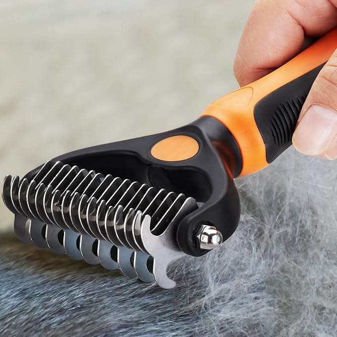Pet Grooming Tool - 2 Sided Undercoat Rake for Cats and Dogs - Safe Dematting Comb for Easy Mats & Tangles Removing - No More Nasty Shedding and Flying Hair