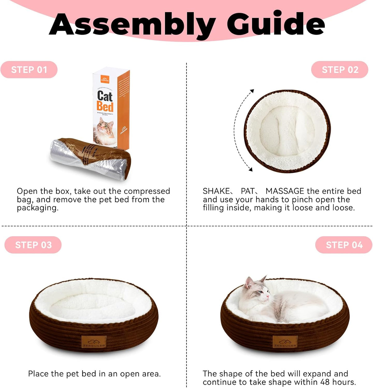 20in Washable Cat Beds for Indoor Cats - Round Donut Pet Bed for Cats, Small Dogs, Puppy, Kitten - Anti-Slip Bottom, Calming Bed Gift - Brown