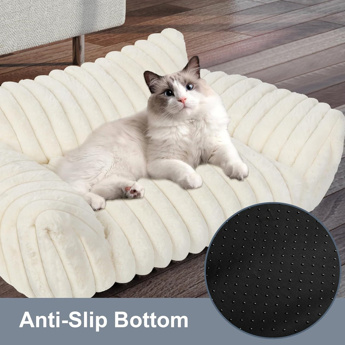 Cute Cat Couch Bed for Indoor Cats, Fluffy Pet Cat Sofa with Premium Soft Corduroy Fleece, Cute Small Dog Beds for Small Dogs, Fuzzy Puppy Chair with Removable Washable Cover (30x20x10,Cream)