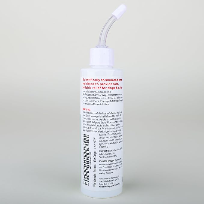 Wondercide Rescue - Ear Drops for Pets - Cleans and Removes Wax Build-Up and Irritants for Dogs and Cats - Relieves Itching and Redness with Pure Hypochlorous - 4 oz