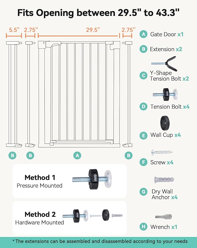 COMOMY 36" Extra Tall Baby Gate for Stairs Doorways, Fits Openings 29.5" to 43.3" Wide, Auto Close Sturdy Safety Dog Gate for House, Pressure Mounted Easy Walk Through Pet Gate with Door, Black