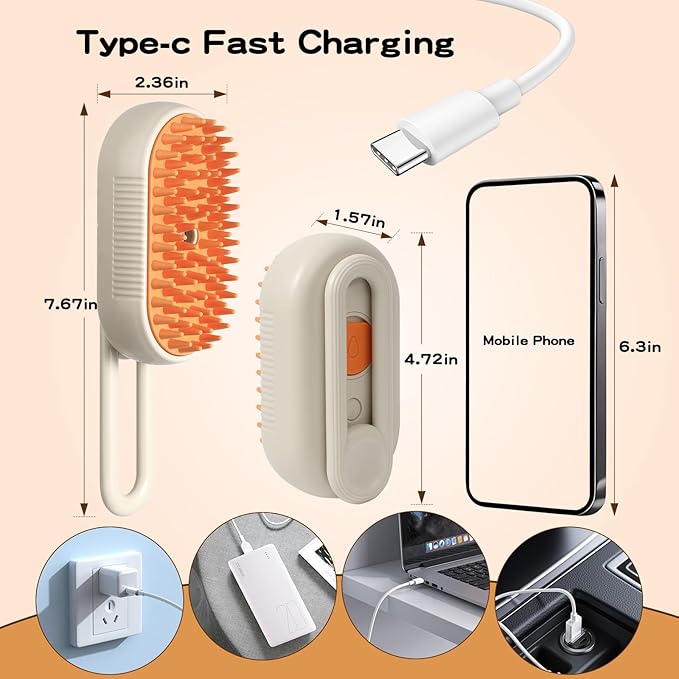 Pet Steam Brush, Rechargeable Cat Steam Brush for Shedding, 2025 New & 4 in 1 Pet Spray Hair Removal Comb with Anti-Static,Massage, Cleaning, Shedding & Combing All In One! (Khaki)