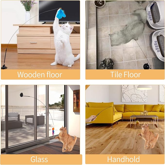 Cat Toys Wand Hands-Free Interactive with Super Suction Cup Sticky Detachable 9Pcs Refills 2 Stick for Indoor (Cat Wand with Suction Cup)