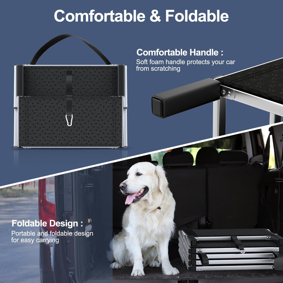 Extra Wide Dog Stairs for Large Dogs, Foldable Dog Ramp for Car with Non-Slip Surface, Dogs Stairs for Cars, High Beds, Truck, Supports up to 250 lbs, 4 Steps