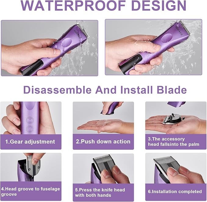 Professional Animal Pet Dog Cat and Horse Cordless Hair Clipper Grooming Kit with 5 in 1 Blade Low Noise & High Power Rechargeable Cordless Pet Grooming Clipper for Thick Heavy Coats -Purple