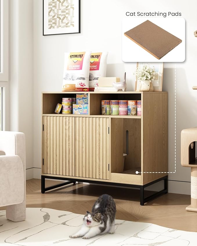 Cat Litter Box Enclosure, Large Hidden Pet Storage Cabinet Furniture with Waveform Fluted Doors & Scratching Pad, Modern Wooden Cat House Indoor for Washroom, Living Room, Bedroom, Natural