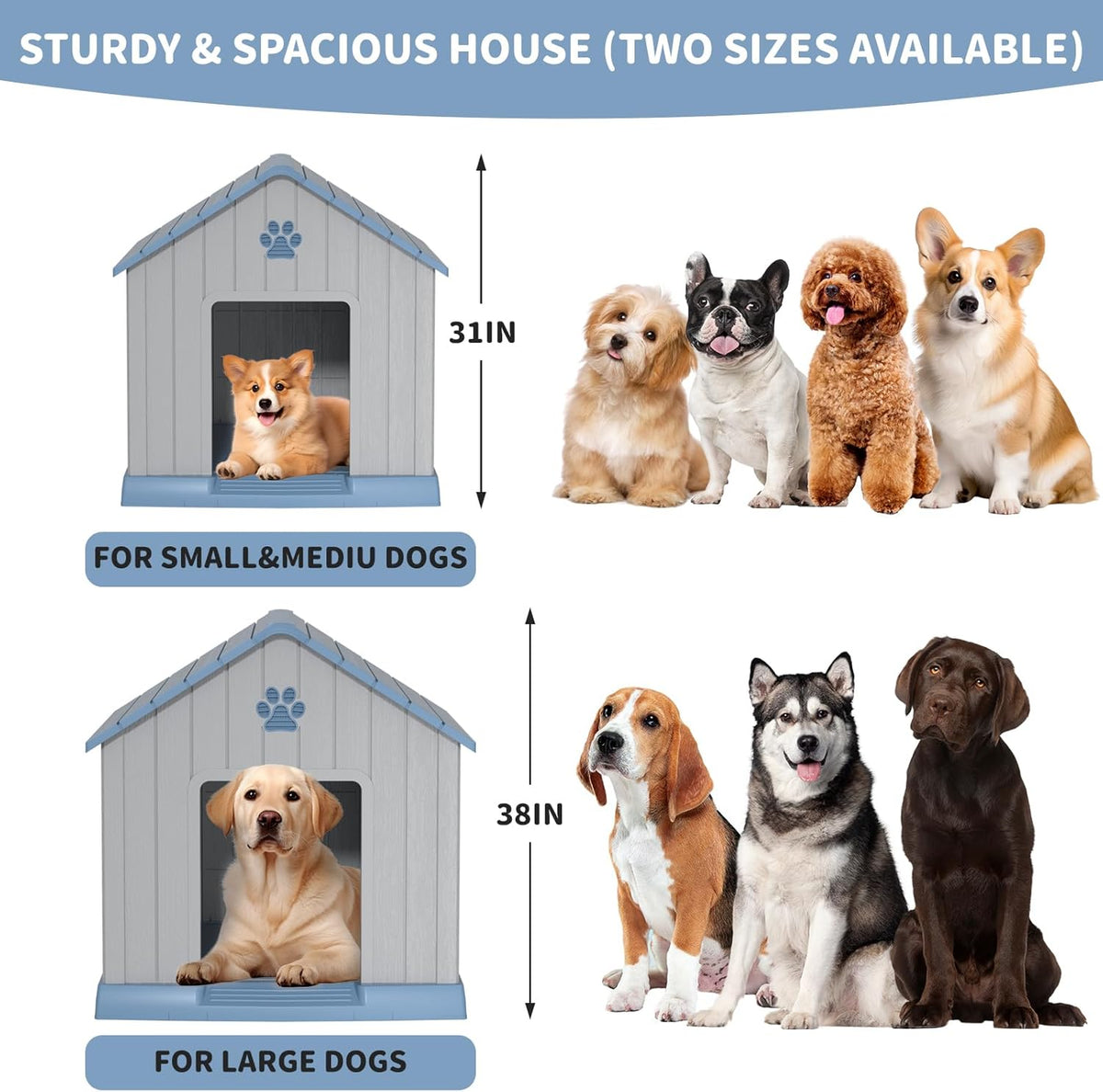 DRATO Dog House Indoor Outdoor for Small to Large Sized Dogs Indoor Outdoor Doghouse Puppy Shelter with Elevated Floor, Easy to Assemble (Blue, 31Inch(31.18 * 33.7 * 32.52))