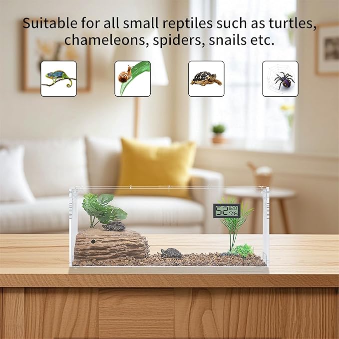 Acrylic Tarantula Enclosure, Reptile Terrarium Breeding Tank w/Temperature Hygrometer,Habitat Reptiles Feeding Box Isopod Terrarium Cage for Insect Lizard Home Office (Reptile-Tank-L(No Tray))