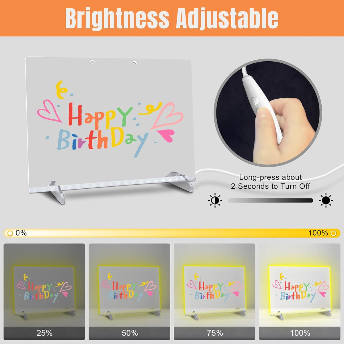 LED Note Board with Colors, 13.7"X10" 4 Modes & 7 Colors Acrylic Dry Erase Board with Light, Include Adapter, Hanging Chain, Led Drawing Board for Kids with Stand, 7 Markers, Spray Bottle