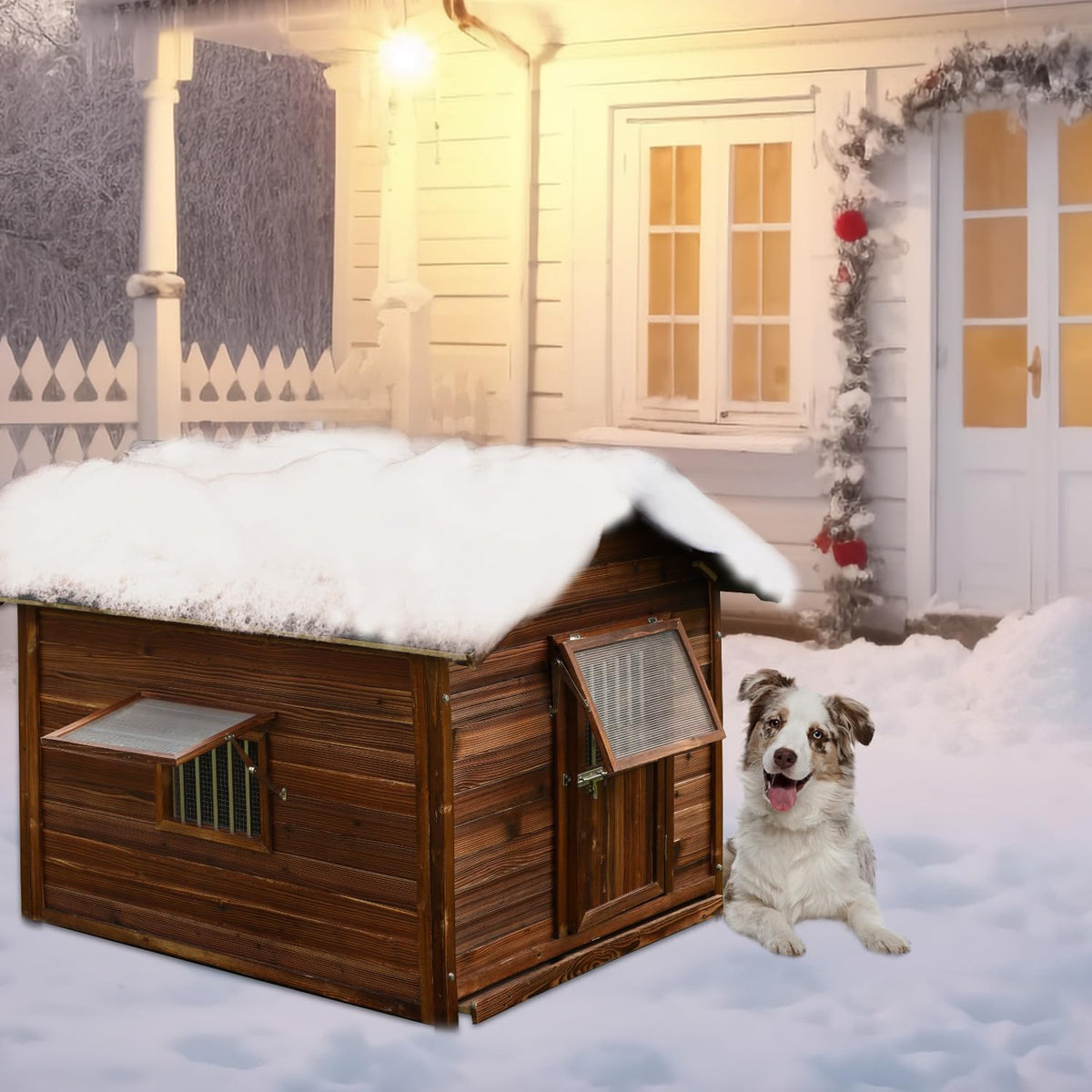 Dog House Outdoor,Solid Pine Wood Large Dog House for Big Breed,Weatherproof Dog Houses Outside with Door,Adjust Windows,Warm Dog Kennel for Outside