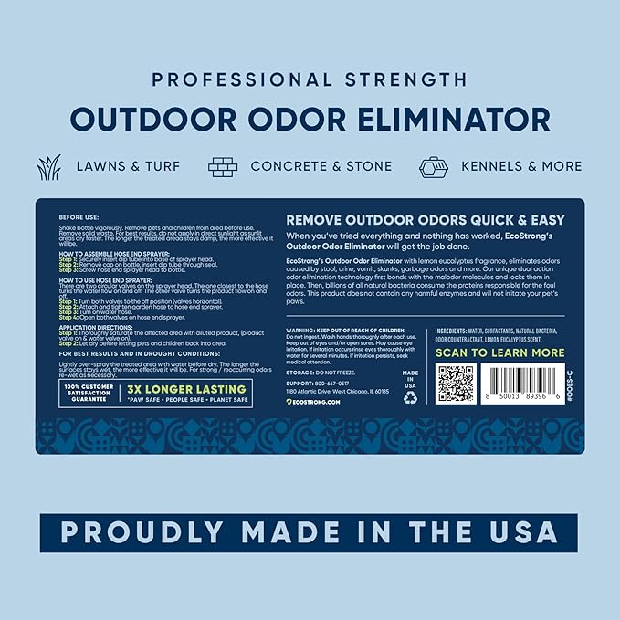 Eco Strong Outdoor Odor Eliminator Outside Dog Urine Enzyme Cleaner Powerful Pet, Cat, Animal Scent Deodorizer | Professional Strength for Yard, Turf, Kennels, Patios, Decks (128 oz W Sprayer)