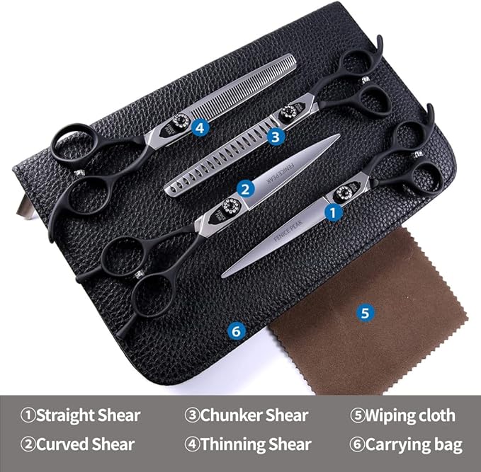 Fenice Peak 7.0'' Professional Dog Grooming Scissors Set with Black Non-Slip Handle 440C Stainless Steel Straight Thinning Curved Chunker Shears 4pcs Set for Pet Grooming Services