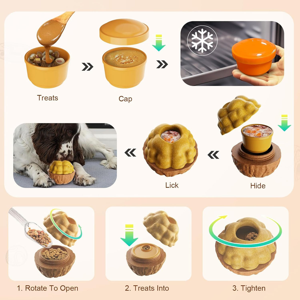 Dog Frozen Treats Toy, Cognitive Dogs Brain Stimulation Toys for Aggressive Chewers, Interactive Dispensing Toy Enrichment Keep Them Busy No-Boredom, Tough Nylon&Coffe Wood Fillable Puzzle Dog Feeder