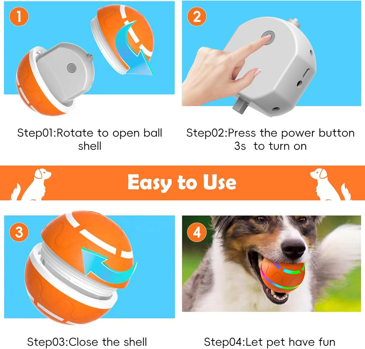 Interactive Dog Ball, Smart Interactive Dog Toys, Automatic Moving Vibrating Bouncing Pet Ball for Medium and Large Dogs, TPU Material, Rechargeable and Waterproof