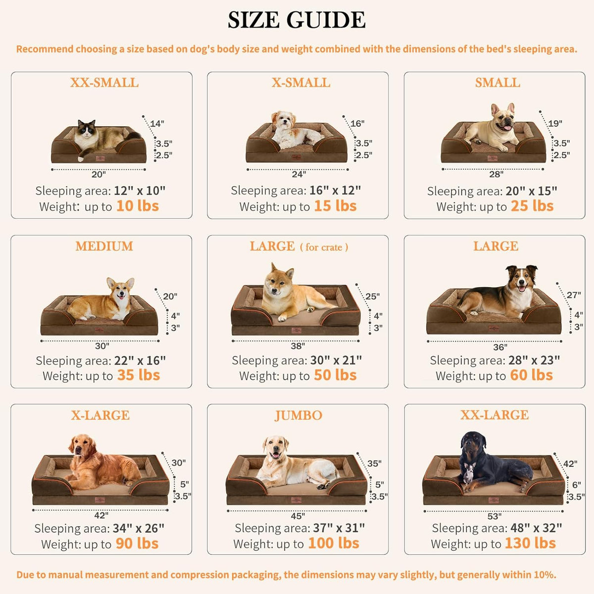 Comfort Expression Dog Bed for Extra Large Dogs, Orthopedic Memory Foam Dogs Beds, XL Dog Bed with Removable Cover, Waterproof Pet Beds Large with Bolster(X-Large,Khaki Brown)