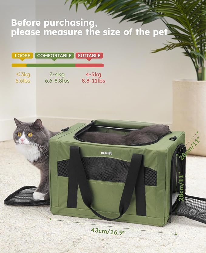 Pecute Cat Carrier Stable, Pet Carrier with Hidden Anxiety Relief Partition & Stable Steel Frame, Safe Cat Carrier for Car Travel, Soft-Sided Dog/Cat Carrier Bag for Pets Up to 11lbs, Green