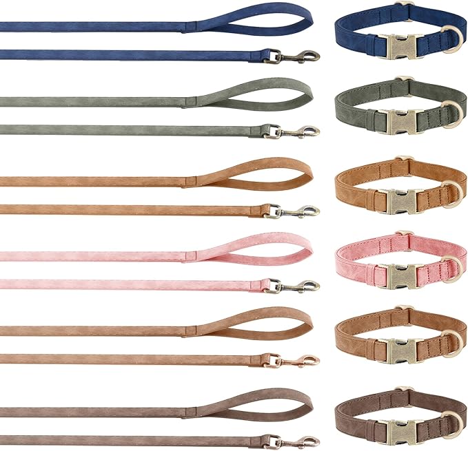 Genuine Leather Dog Collar - Adjustable Pet Collar with Quick Release Metal Buckle, Soft Skin Friendly Real Leather Collar for Small, Medium, Large Dogs (Khaki Collar + Rope, L:Fit 15-23" Neck)