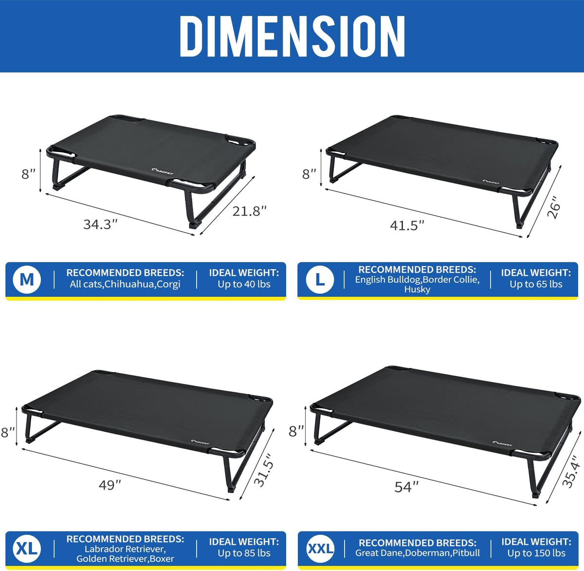 Cooling Elevated Dog Bed, Raised Outdoor Dog Bed Waterproof Pet Beds Cots Stable and Easy Assembly, Teslin Fabric with 1.2mm Thick Iron Frame, Breathable, Ultra-Sturdy,Black, 42 * 28 * 7.9