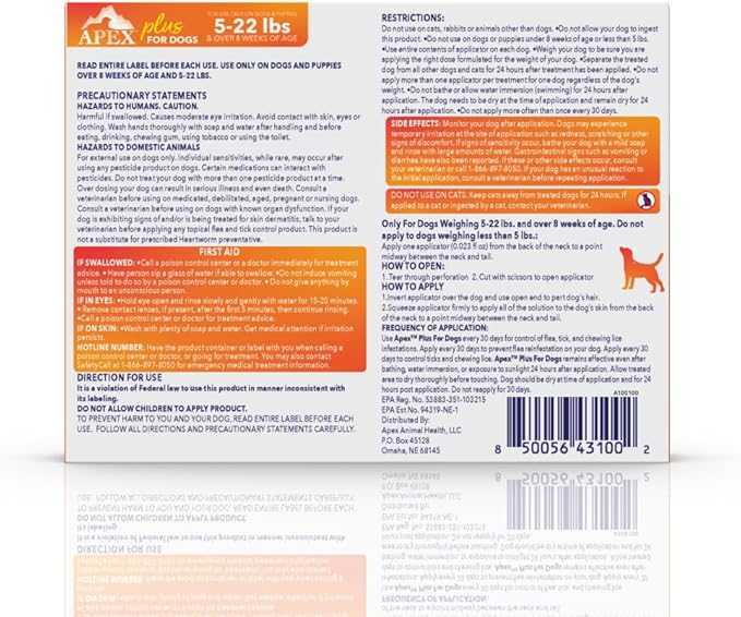 Apex Plus Flea and Tick Prevention for Dogs | Small (5-22 lbs) | 3-Month Supply | Dog Flea and Tick Treatment | 24-Hour Activation, Waterproof, 30-Day Protection