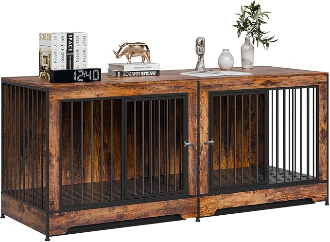 VEVOR 75" Dog Crate Furniture for 2 Dogs,Extra Large Double Dog Crate Furniture Large Breed with Divider & Double Doors,Large Wooden Dog Crate Furniture TV Stand for Medium Large Dogs Brown