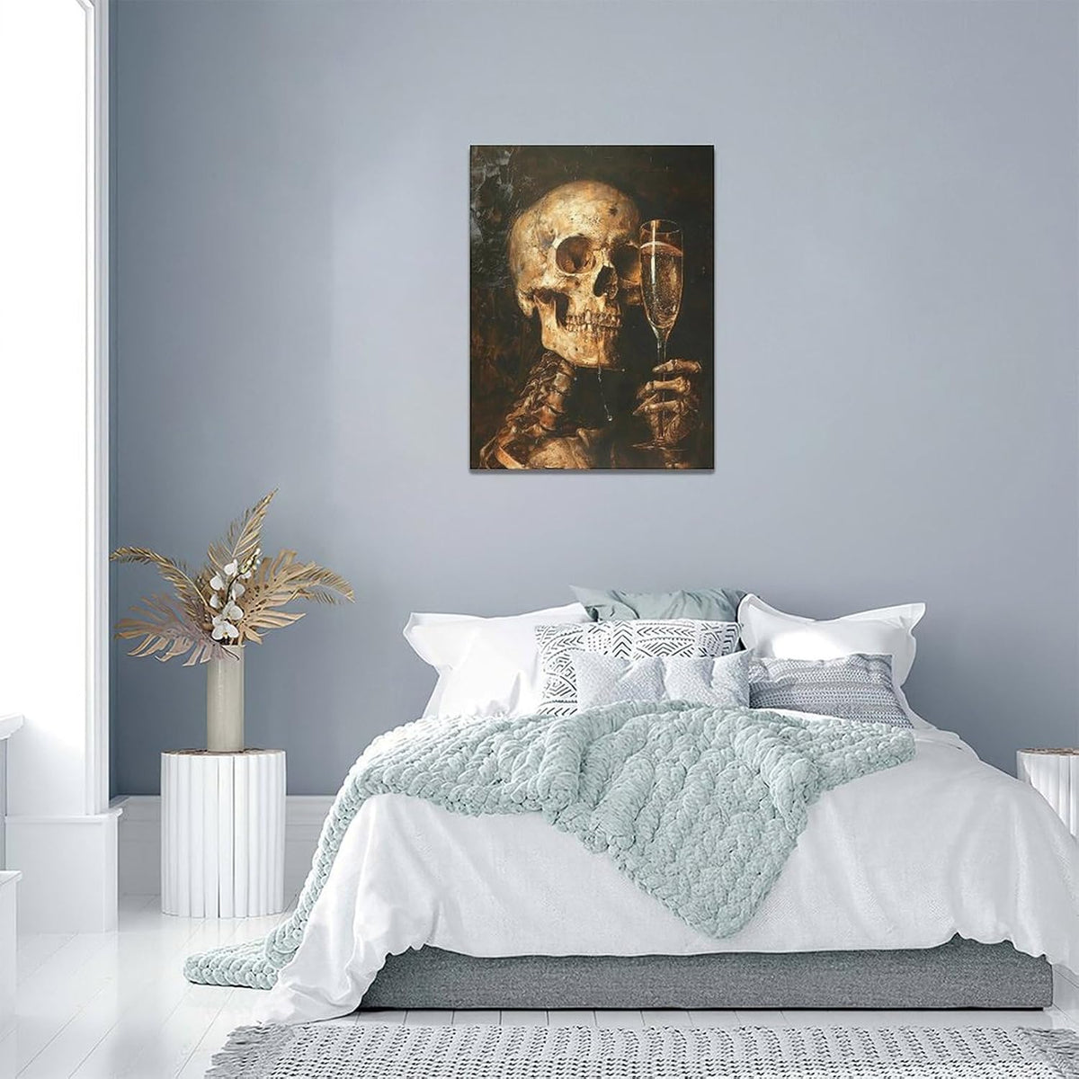 Quorin Gothic Skeleton Wall Art Goth Skull Champagne Wall Decor Dark Academia Pictures Horror Canvas Print Painting Artwork for Bathroom Living Room Bedroom 12"x16"