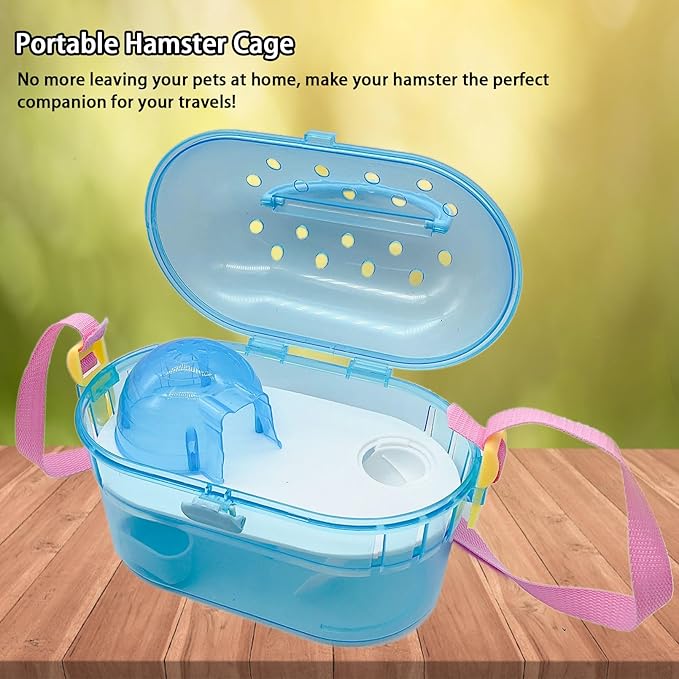 Portable Hamster Cage Syrian Hamster Carry Travel Cage with Water Bottle Food Bowl Adjustable Strap Small Animals Outgoing Cages for Gerbil Squirrel Guinea Pig Chinchilla Hedgehog Blue