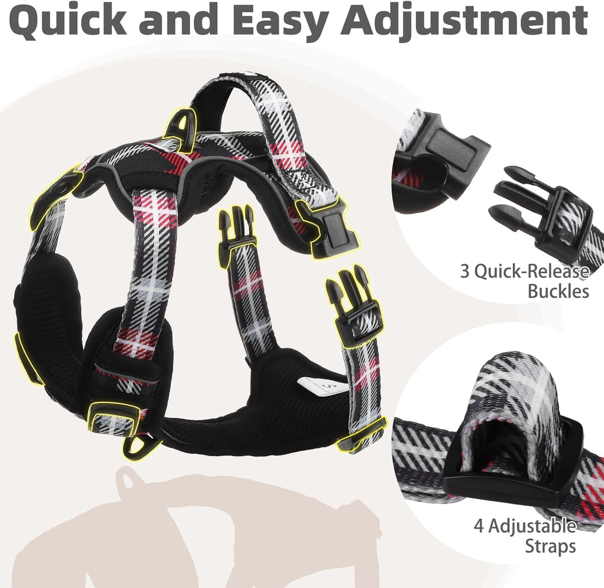 PUPTECK No Pull Dog Harness Small Sized, Adjustable Reflective Dog Harness with Handle Easy Control, Comfortable Soft Padded Pet Vest Harness for Small Dogs, Plaid Black L