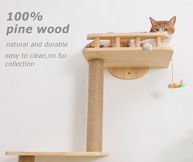 Cat Tree Wall Mounted with 4 Levels Shelves, 73" Wood Corner Tower Inside Kitten Scratching Post for Climbing,Perching and Lounging (Left to Right)