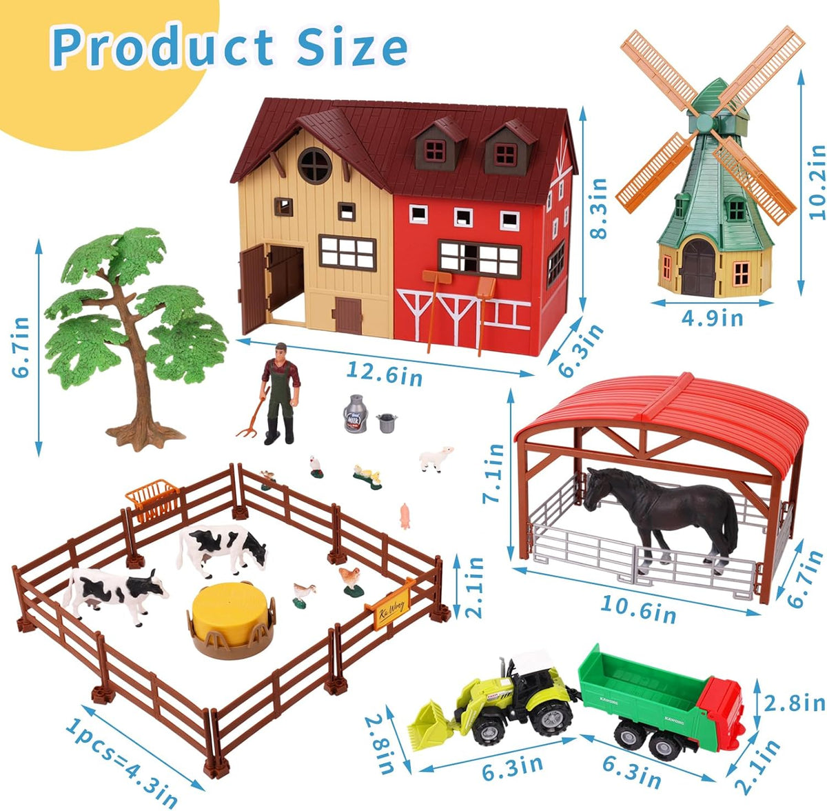 Farm Animals Figurines Toys -140 pcs Toy Set Barn Toy Horse Stable Tractor Trailer Windmill Farmer Fence Playset for Kids Toddlers Boy Girl 3-7 Years Old