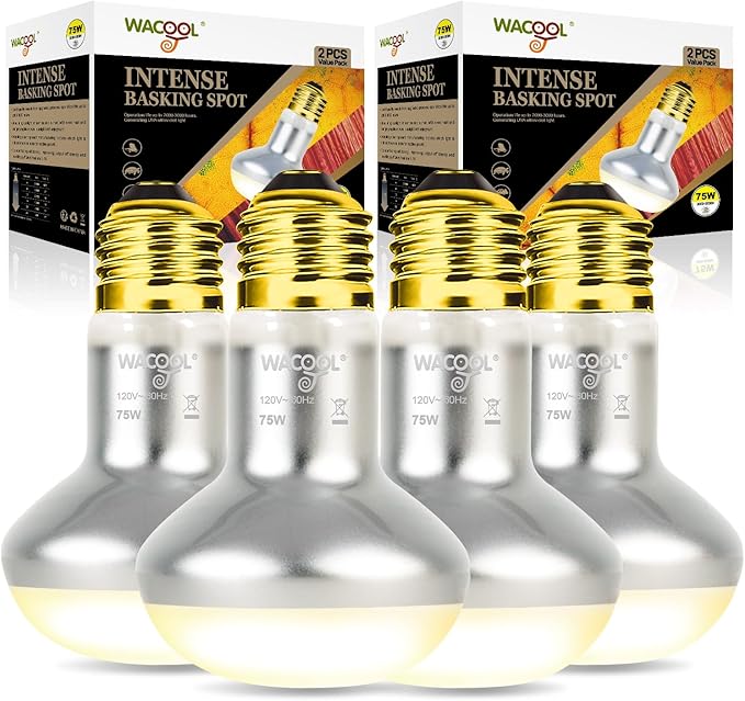 WACOOL 4 Pack Heat Lamp Bulbs for Reptiles, 75W Intense Basking Spot Lights, Simulate Daytime Sunshine Heat Bulbs, UVA Daylight
