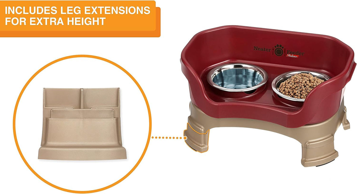 Neater Feeder Deluxe Mess Proof Dog Bowls Elevated for Small Breeds – Made in USA – No Spill Raised Dog Food Bowl Stand w/Leg Extensions – Stainless Steel Dog Food and Water Bowl Set – Red