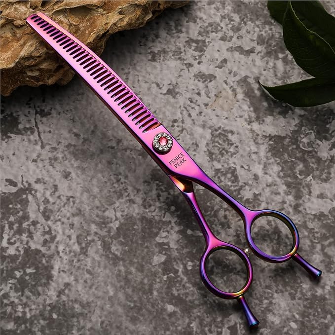Fenice Peak Professional Dog Grooming Scissors Pet Curved Chunker Shears 7.0'' Extremely Sharp Blades 440C Steel Thinning Scissors Durable Smooth Motion & Fine Cut for Dogs and Cats (Multicolored)