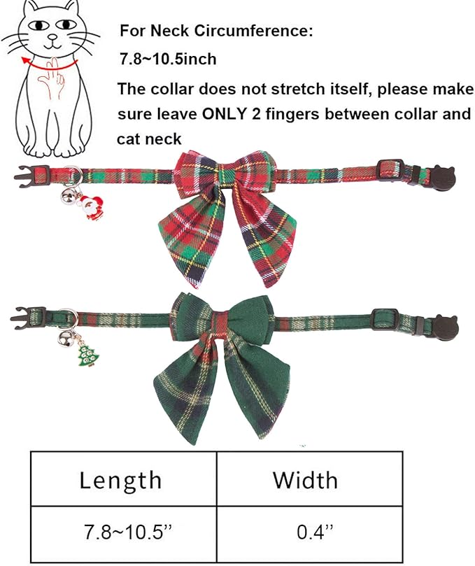 ADOGGYGO Christmas Cat Collars Breakaway with Removable Bow Tie, 2 Pack Red Green Plaid Christmas Collar for Cats Kittens
