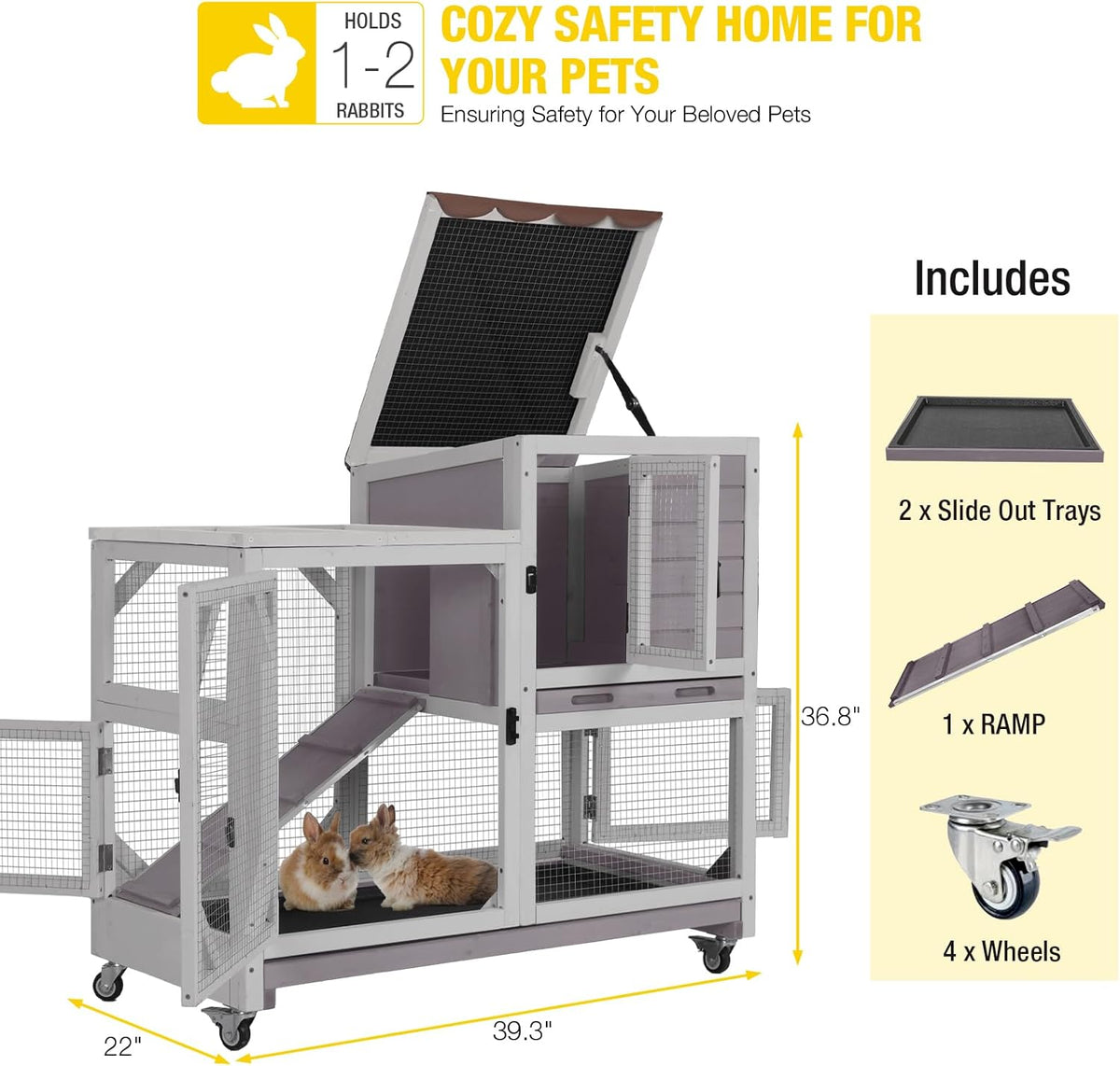 AIVITUVIN 2-Story Rabbit Hutch Indoor for 2-4 Rabbits & Guinea Pigs Wooden Small Animal Cage Guinea with Chew-Proof Design & Slide-Out Trays Bunny Cage with Lockable Wheels