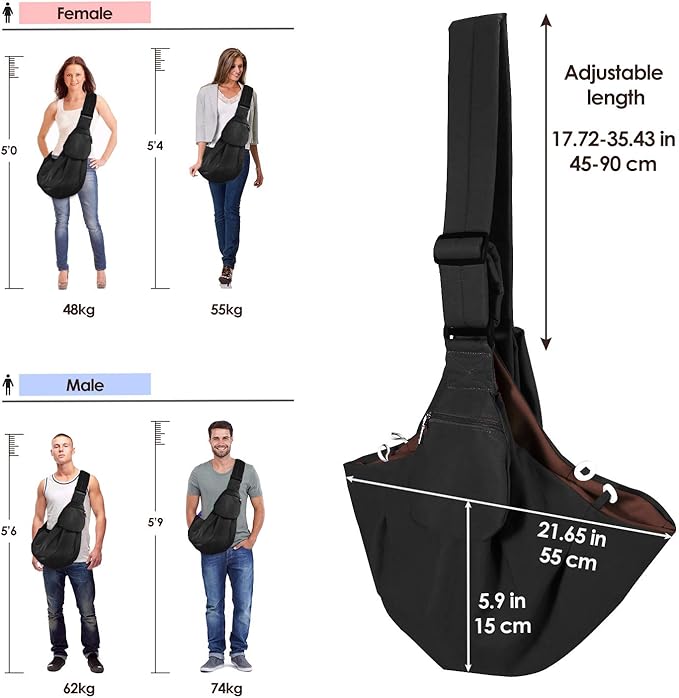 Lukovee Pet Sling, Hand Free Dog Sling Carrier Adjustable Padded Strap Tote Bag Breathable Cotton Shoulder Bag Front Pocket Safety Belt Carrying Small Dog Cat Puppy Machine Washable (Black, M)