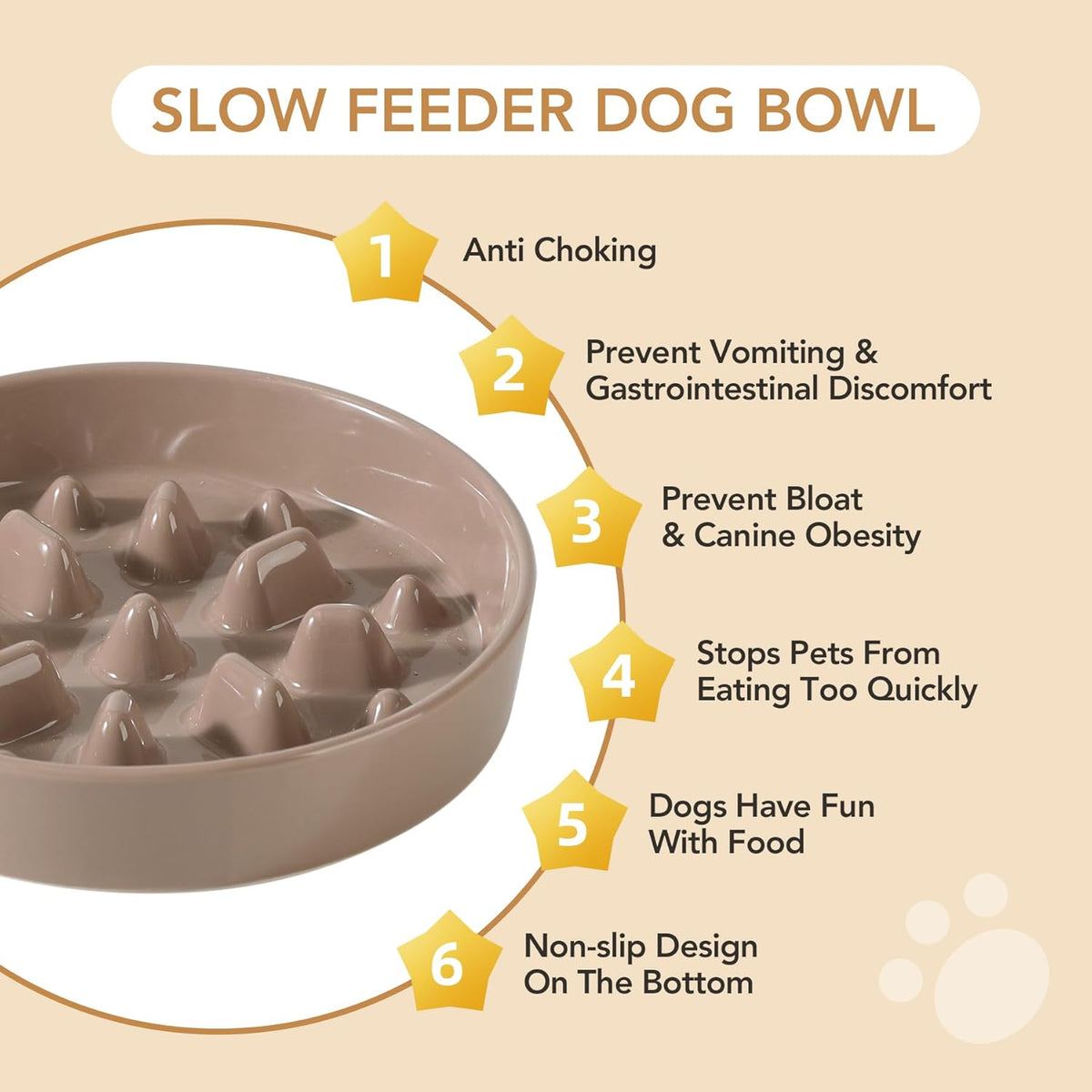 8.2inch Ceramic Dog Raised Slow Feeder Set, Elevated Bowl with Wooden Stand for Large and Medium Dog, Slow Feeder Dish for Fast Easters, Stop Bloat(Brown Coffee, Single Bowl+ Stand)