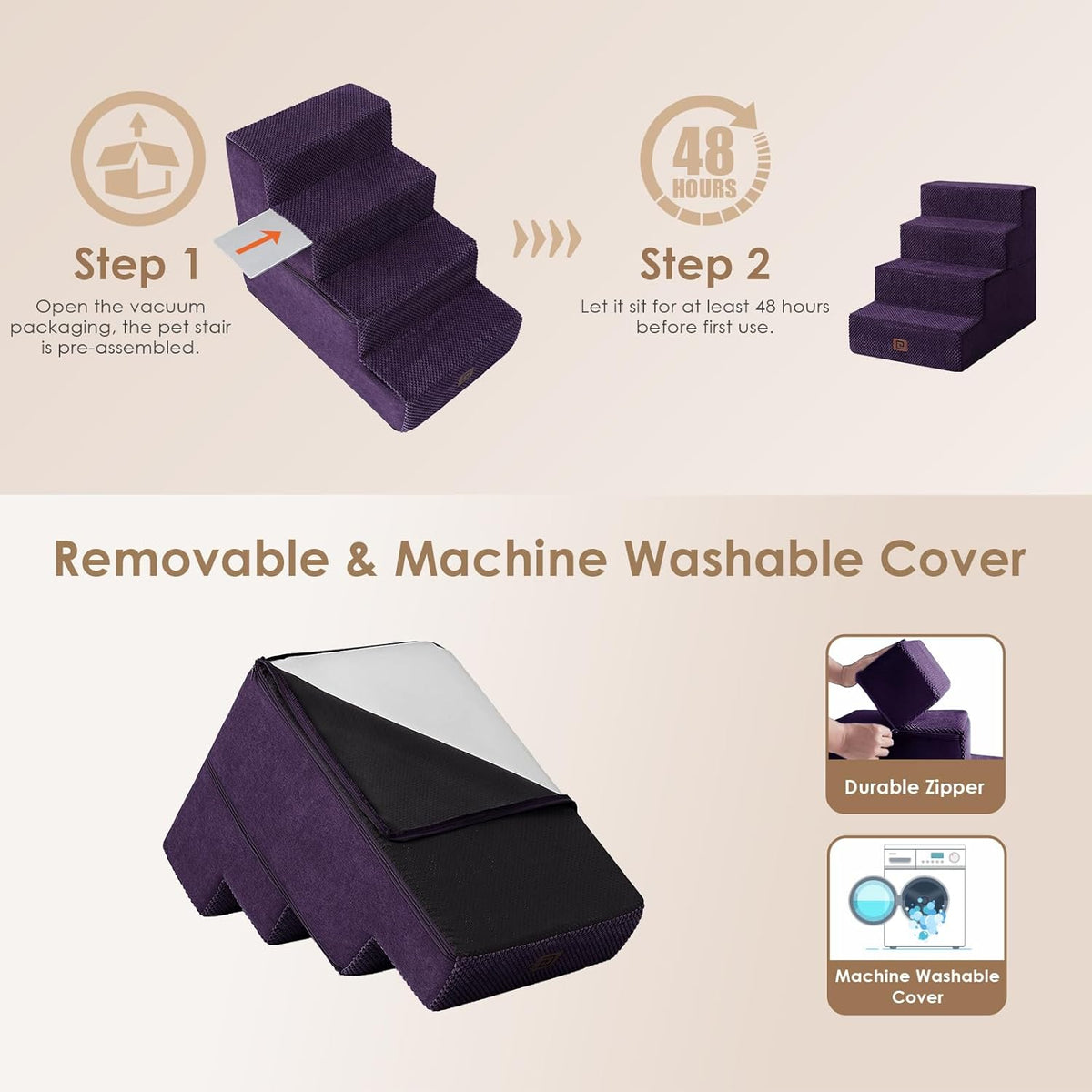 EHEYCIGA Dog Stairs for Bed 18" H, 4-Step Dog Steps for High Bed, Pet Steps for Small Dogs and Cats, Non-Slip Balanced Pet Ramp Indoor, Purple