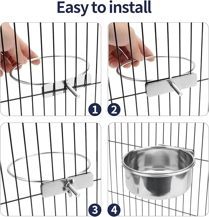 Bird Cage Feeder, Bird Feeder for Cage, 10oz Stainless Steel Food Water Bowl with Clamp, Clip-On Cage Coop Cup for Parrot Hamster Rabbit Rat Small Animals