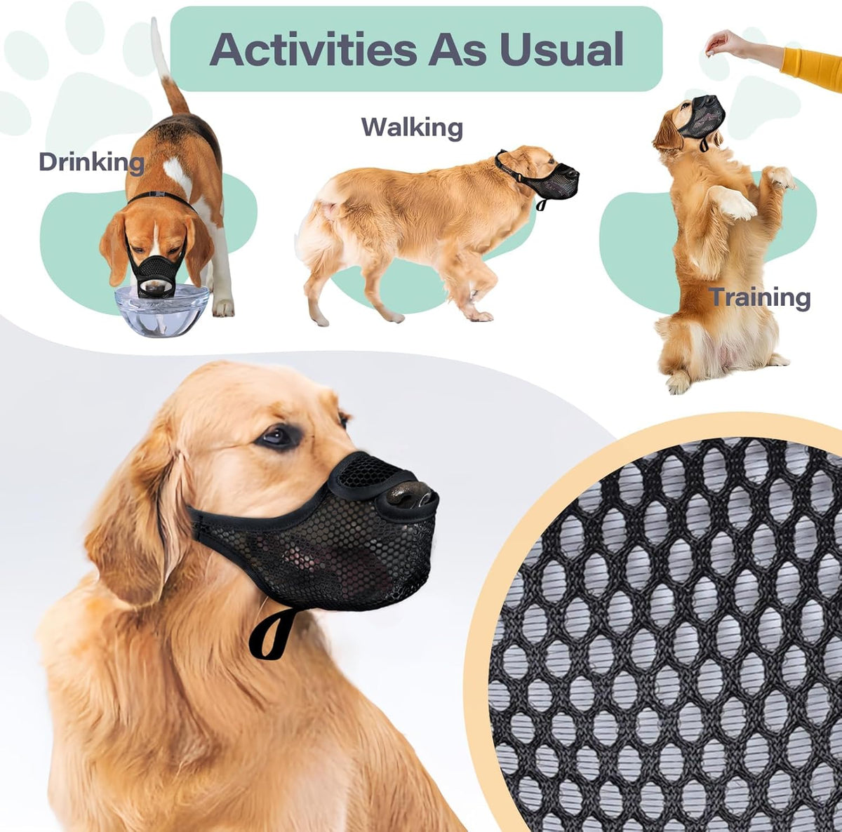 LUCKYPAW Dog Muzzle for Large Medium Small Dogs, Patented Mesh Muzzle to Prevent Biting Chewing Eating, Soft Mouth Guard with Front Opening Design for Drinking Panting (Black, XXL)