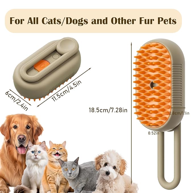 Cat Steam Brush, 3 in 1 Pet Spray Hair Removal Comb, Cats and Dogs Brush for Shedding, Rechargeable Silicone Pet Steam Brushes, Spritz Defur Comb for Massage, Cleaning and Remove Loose Hair - Khaki