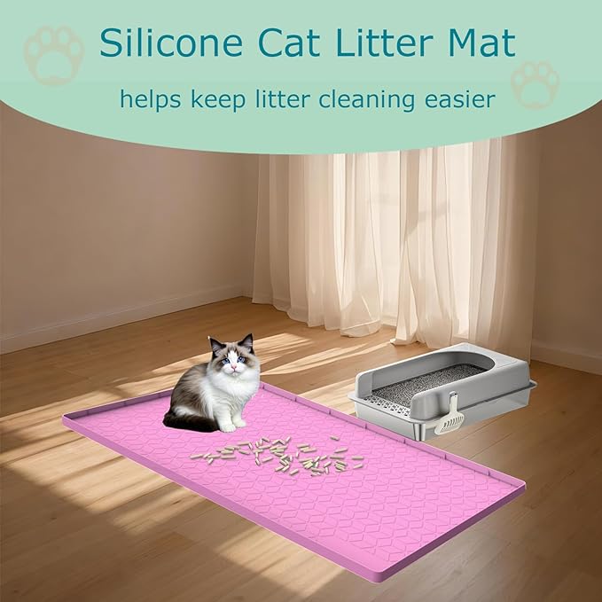 Cat Litter Mat, Silicone Large Cat Mat for Litter Box - 34x22 in, Waterproof & Non-Slip, Durable & Easy Clean, Pink