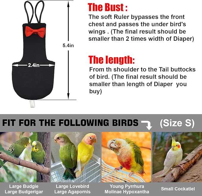 Bird Diaper Washable Reusable Parrot Flight Suit Nappies Protective Breathable Parrot Nappy Clothes for Parakeet, Macaw, Budgie, Canary, Cockatiel (Black, Small)