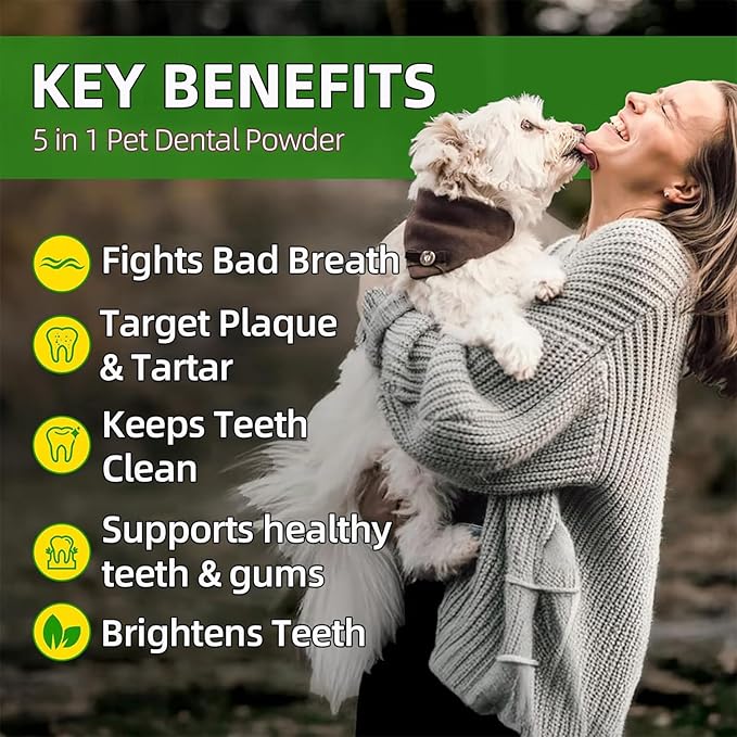 No-Brush Dog Teeth Cleaning Powder Eliminates Plaque in 30 Seconds, Dental Powder Cats Breath Freshener, Teeth Care Plaque Off Pet Tooth, Bad Breath Remedy Tartar Remover for Dogs with Enzymes
