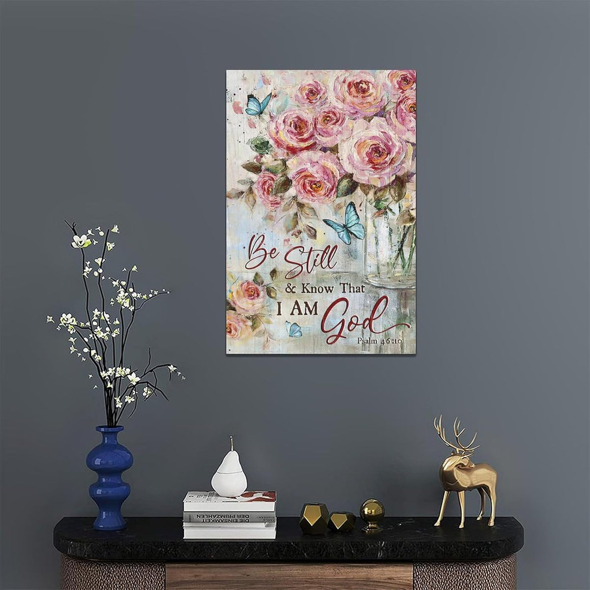 Farmhouse Rose Wall Art Christian Scripture Pictures Pink Rose Wall Decor Rustic Floral Butterfly Canvas Print Painting Artwork for Bathroom Living Room Bedroom 16"x24"