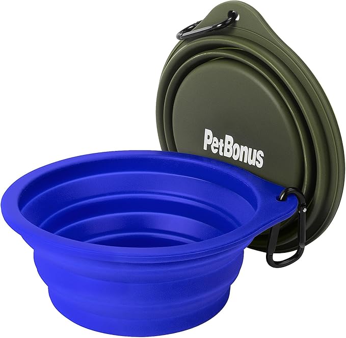 PetBonus 2-Pack Silicone Collapsible Dog Bowls, BPA Free Dishwasher Safe, Portable Foldable Expandable Travel Bowl, Food Water Feeding Cup Dish for Dogs Cats with 2 Carabiners (Army Green, Blue)