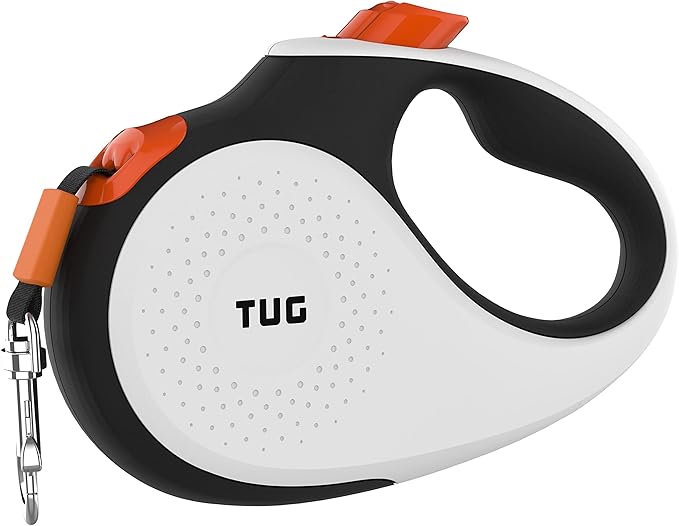 TUG XL 360° Tangle-Free Retractable Dog Leash with Anti-Slip Handle | 26 ft Strong Nylon Tape | One-Handed Brake, Pause, Lock (Extra Large, White/Orange)