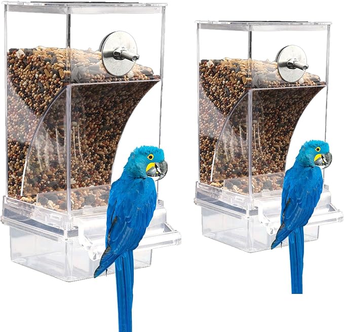 No Mess Bird Feeder for Cage, Automatic No-Spill Transparent Parrot Feeder Acrylic Cockatiel Seed Feeders with PerchParakeet Food Container Cage Accessories for Small Medium Cockatoo Finch
