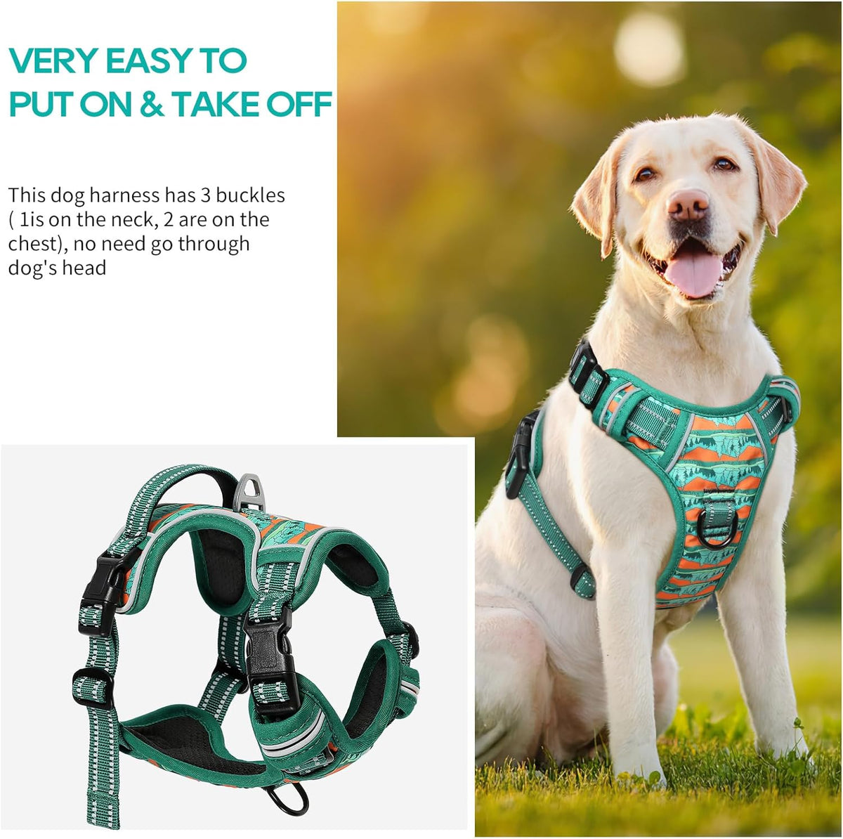 Timos No Pull Dog Harness,No Choke Front Clip Dog Reflective Harness,Adjustable Soft Padded Pet Vest with Easy Control Handle for Medium Dogs,Wilderness,M