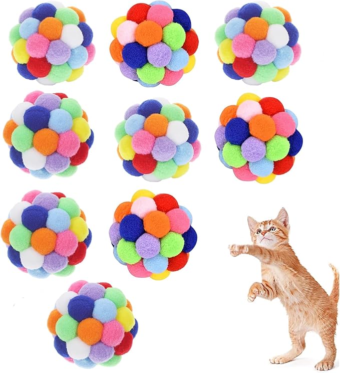 9PCS Cat Toy Balls, 1,75'' Soft Pom Pom Ball for Kittens, Colorful Soft Fuzzy Balls Built-in Bell for Cats, Interactive Playing Chewing Toys for Indoor Cats and Kittens, Cute Kitten Kitty Toys