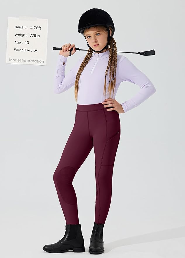 Willit Girls Horse Riding Pants Tights Kids Equestrian Breeches Knee-Patch Youth Schooling Tights Zipper Pockets